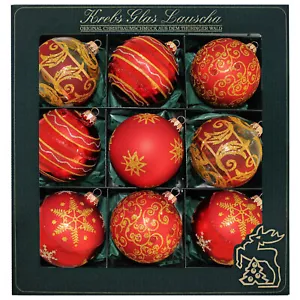 Krebs Glas Lauscha Weihnachtskugeln Rot mit Ornamenten 9 Stück/Set, Ø 8 cm - Bild 1 von 2
