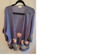 Umgee Boho Gray Kimono Embroidered Floral Tassel Fringe Cardigan M/L - Picture 1 of 10