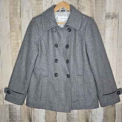 Abrigo Calvin Klein Gris Mezcla Lana Guisante Doble Pecho Forrado Para Mujer Talla 10 Foto 1 de 4