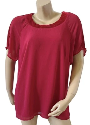 Camisa Top AVA & VIV Mujer Talla Grande 1X Manga Corta Rojo Terciopelo Borde Cuello Redondo Foto 1 de 4