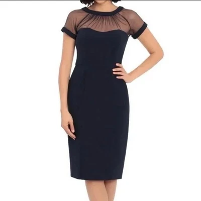 MAGGY LONDON Illusion Yoke Crepe Cocktail Dress Navy Womens Sz 10 NWT Sexy Goth - Image 1 of 4