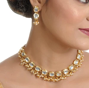 Indian Jewelry Bollywood Wedding Kundan Pearl Necklace Choker Earring Free~Bindi - Picture 1 of 7
