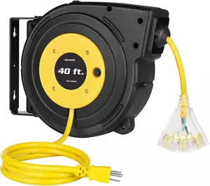 40FT Retractable Extension Cord Reel, Heavy Duty Power Cord Reel with 3-Lighted - Picture 1 of 7