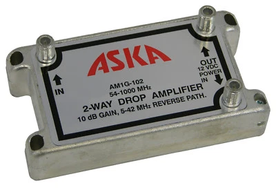 Aska AM1G-102 54-1000 MHz 2-Way Drop Amplifier 10 dB Gain 5-42 MHz Reverse Path - Image 1 of 4
