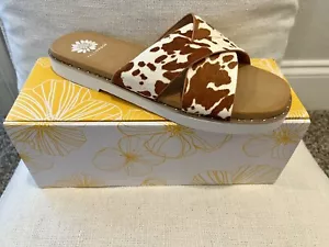 Yellow Box Hemes Cow Print Slides Sandals Cow Hide Leather Western Size 9.5 - Picture 1 of 8