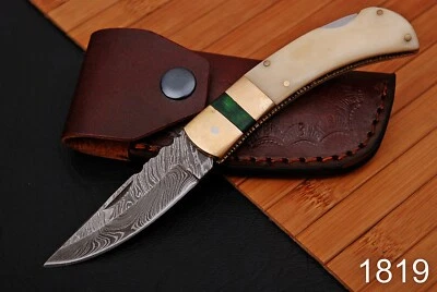 Custom Handmade Damascus steel Camel Bone Hunting Back Lock pocket Folding Knife - Image 1 of 4