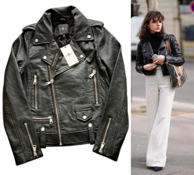 Chaqueta de Cuero Guijarro Genuino Moto Asimétrica 7 For All Mankind Negra M $695 Foto 1 de 4