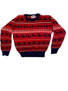 Vintage Meister Sweater Wool Blend Kids Sz 10-12 Red Navy Ski Winter Warm - Picture 1 of 10