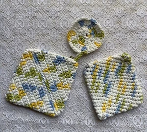 Cotton Hand Crocheted Face Cloth, Face Scrubby Blue green Yellow White - Picture 1 of 5