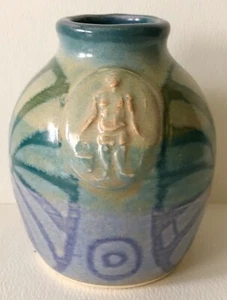 STUDIO KUNSTKERAMIK blau grüner Mann Medaillon PINWHEEL TOWN STONEWARE signiert HP - Bild 1 von 8