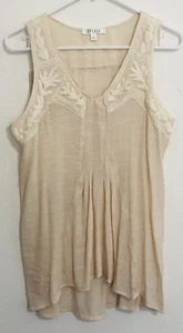 Spense Beige Lace Trim Sleeveless Pleated Embroidered Blouse Rayon Blend Size M - Picture 1 of 13