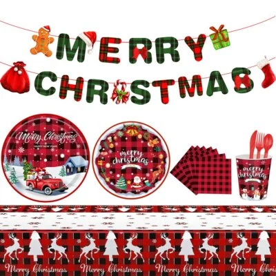 103x Christmas Paper Plates Napkins Cups Set Disposable Tableware Party Supplies - Imagem 1 de 4