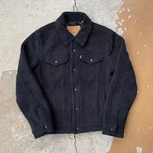Levi's 'Big E' Premium Black Sherpa Trucker Jacket Type III Red Tab Size Medium - Picture 1 of 12