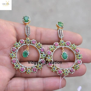 Pave Diamond Dangle Earrings Multi Gemstone Gold Plated 925 Silver Jewelry Gift - Picture 1 of 5