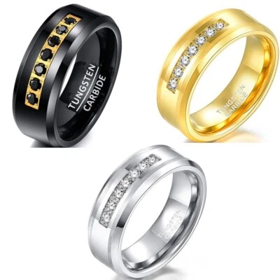 Alianza de boda de carburo de tungsteno con anillos de circonita cúbica de 8 mm para hombre ajuste cómodo Foto 1 de 4