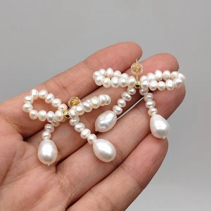 4-5mm Fashion Freshwater Pearl Bowknot Stud Dangle Woman Wedding Earrings - Picture 1 of 6