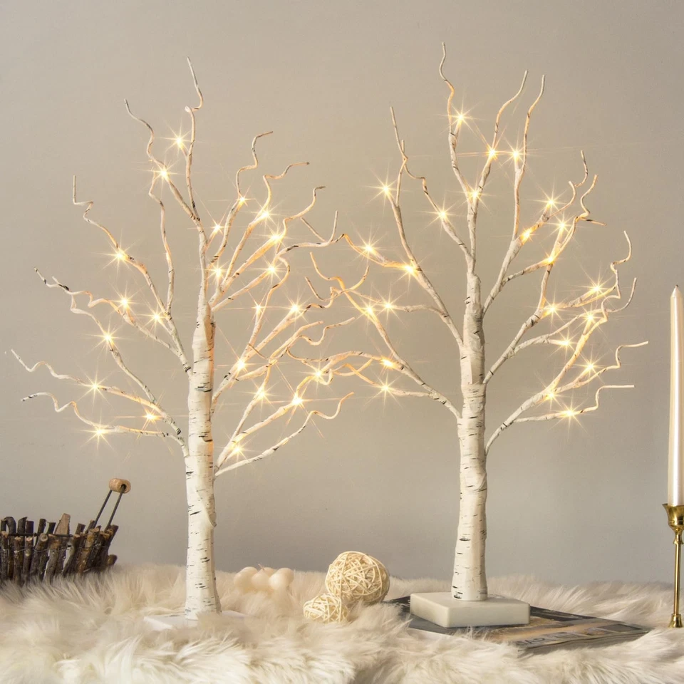 2ft 24lt Pre Lit White Birch Tree Decorative Light Tabletop Set of 2