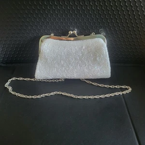 Vintage-Style Beaded Evening Clutch Purse White Iridescent w/ Chain Strap - Picture 1 of 13
