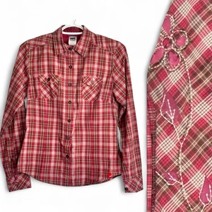North Face Shirt Women XS/TP Plaid Red Brown Embroidered Buttons Outdoor Hiking - Picture 1 of 11