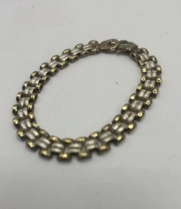 Vintage 925 Italian Silver 7” Bracelet 2 Tone Gold Vermeil - Panther Link 12gr - Picture 1 of 7