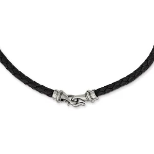 Collar de cadena de cordón de acero inoxidable de cuero negro tejido de 6 mm, 19,5 pulgadas - Imagen 1 de 5