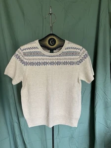 Ralph Lauren Sweater Short Sleeve Linen Blend Fair Isle Crew Neck Blue Pink  M - Picture 1 of 7