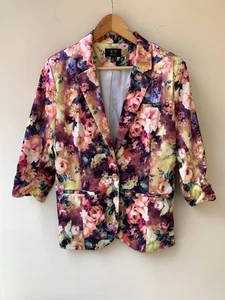 ICE Ladies Plus Size XL Silky Floral 90s Floral Blazer Jacket 3/4 rouched sleeve - Picture 1 of 10