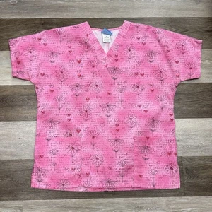 Scrub H.Q. Top Women’s Sz Small Short Sleeve V-Neck Pink Flowers Positive Words - Picture 1 of 6