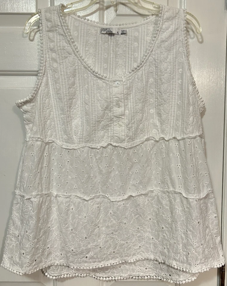 Prana White Eyelet Womens XL Sleeveless Tank Top Tiered Blouse Delicate Romantic - Image 1 of 4
