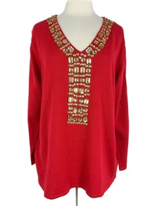 New Quacker Factory Sz 1X Sweater V-Neck LS Embellished Bejeweled Holiday Red - Picture 1 of 10