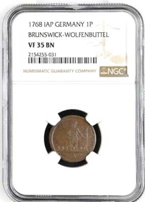1768 IAP German States Brunswick Wolfenbuttel Wildman Pfenning NGC VF 35 Germany - Image 1 of 2
