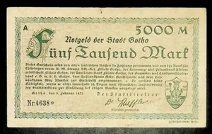 1923 Alemania GOTHA 5000 marcos billete de banco/dinero de emergencia - Imagen 1 de 2