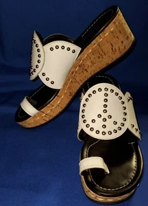 DONALD J PLINER Wedge SHEBA SANDALS 6.5  6 1/2 M PEACE Sign STUDS WHITE CORK - Picture 1 of 11