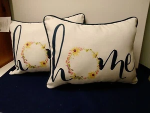 Mainstays Outdoor Lumbar Pillows Set of 2 "Home " White With Flowers 16X12 - Picture 1 of 9