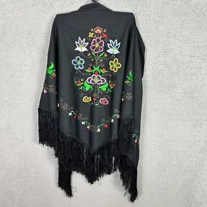 Embroidered Floral Fringe Shawl One Size Boho Festival Western Folkcore Hippie - Picture 1 of 3