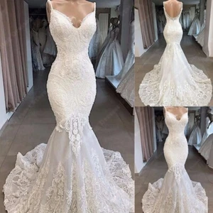 Mermaid Wedding Dresses Spaghetti Straps Lace Appliques Elegant Bridal Gowns - Picture 1 of 9