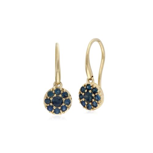 Cluster Round Sapphire Circle Fish Hook Drop Earrings in 9ct Yellow Gold