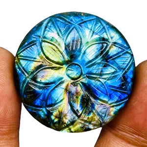 Ciondolo tondo labradorite intagliata naturale 60,45 ct 34 mm misura pietra preziosa - Foto 1 di 9