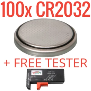 100 CR2032 + GRATIS Tester 3 Volt Lithium Knopfzellen Batterien DL2032 USA Versand - Bild 1 von 2