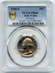 1968-S Washington Silver Quarter PCGS PR 66 Certified DDR FS801 Coin - A290 - Picture 1 of 2