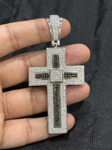 3Ct Round Cut Simulated Diamond Men's Cross Pendant 14K White Gold Plated Silver - Picture 1 of 12