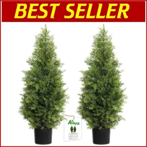 Low-Maintenance 3ft Cedar Artificial Trees - Set of 2 Perfect for Outdoor Decor - Picture 1 of 11