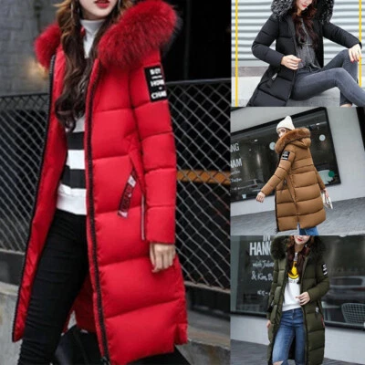 Winter Womens Puffa Jacket Fur Hooded Ladies Long Padded Quilted Coat Plus Size - Image 1 of 4