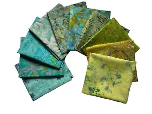 Batik Fabrics, Green Tones. Pack of 10 x Fat Quarters / Long Quarters - Picture 1 of 11