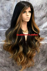 360 Free Part Human Hair Blend Lace Front Wig Long Ombre Brown Golden Blonde Mix - Picture 1 of 11