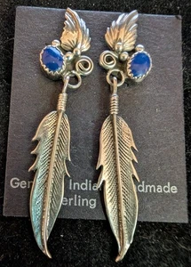 Vtg. Navajo Post Sterling Silver Blue Lapis Lazuli Earring w/dangle feather Sign - Picture 1 of 4