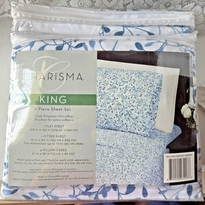 Charisma King Sheet Set 6 pieces Brushed Microfiber Blue on White Willow Indigo - Picture 1 of 11
