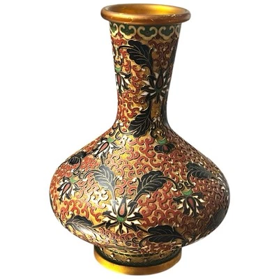 Vintage Chinese Cloisonne Bud Vase On Copper Floral Handmade Blue Enamel Bottom - Image 1 of 4