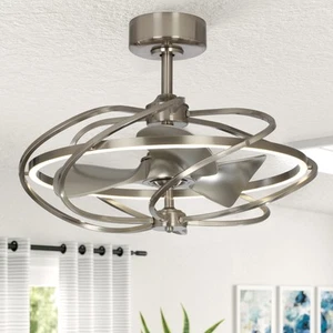 Modern Globel Satin Nickel LED Caged Ceiling Fan with Light Satin Nickel 27 Inch - Picture 1 of 5