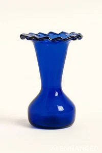Handblown Cobalt Blue Mini Bud Vase with Rough Pontil, Crimped Ruffled Rim 4" - Picture 1 of 12